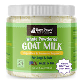Raw Paws Goat Milk Powder texture close-up, natural formula for gentle digestion.