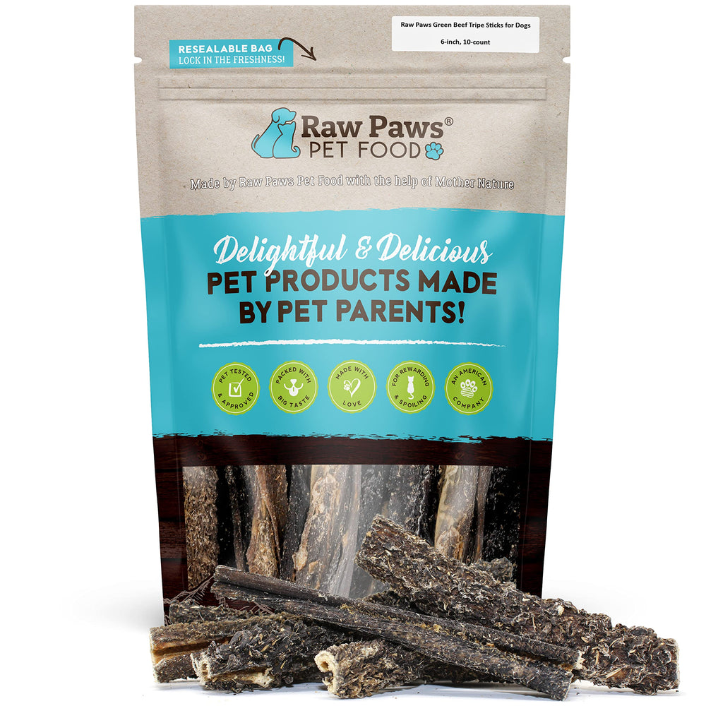 Raw Paws Green Beef Tripe Sticks package-front shows natural, antibiotic-free treat option.