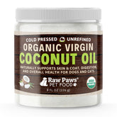 Raw Paws Organic Virgin Coconut Oil 8oz bottle boosts pet digestion when added to meals.