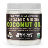 Raw Paws coconut oil bottle pour showing easy dosing for pets and subtle aroma.