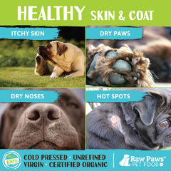 Raw Paws virgin coconut oil pour demonstrates easy dosing for daily skin and coat support.