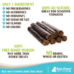 Close-up of Raw Paws single-ingredient venison jerky treats.