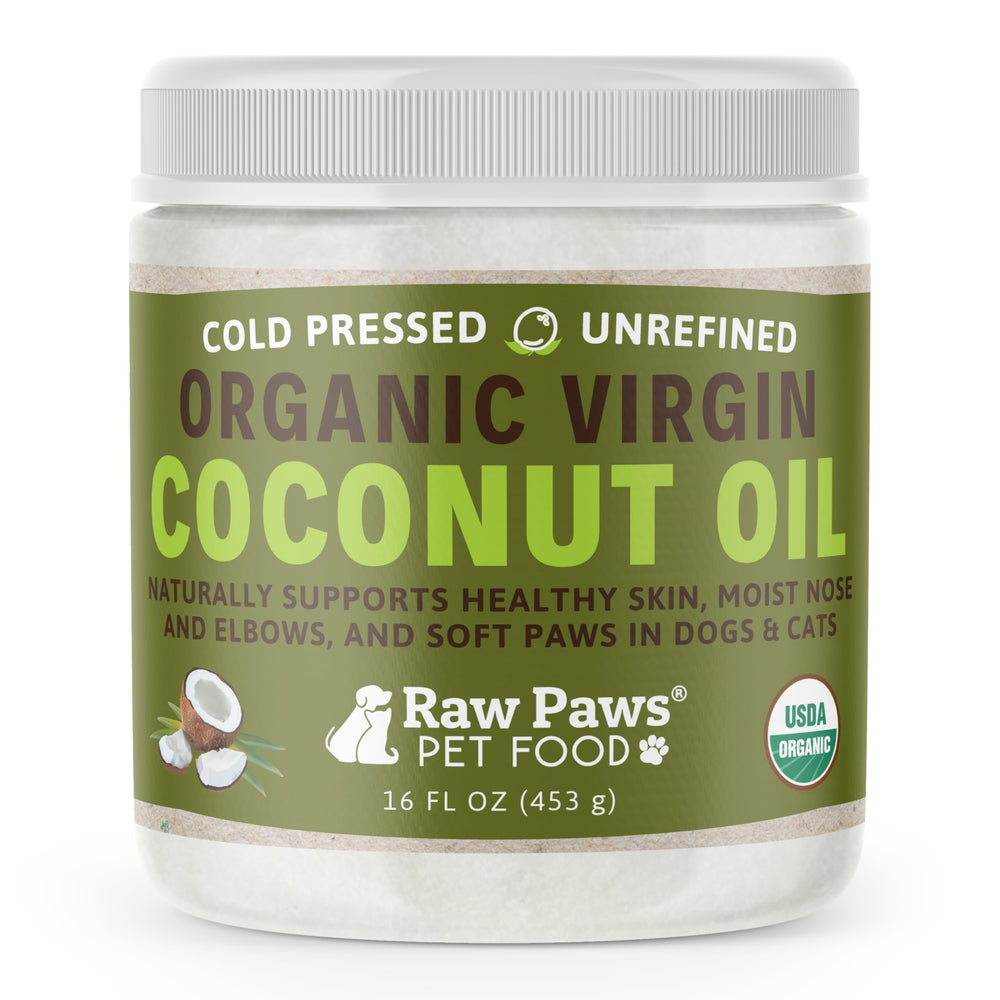 Raw Paws Virgin Organic Coconut Oil bottle pour for easy topical use on pets