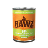 Rawz 96% meat dog food in a 12-pack can shows meat-forward nutrition