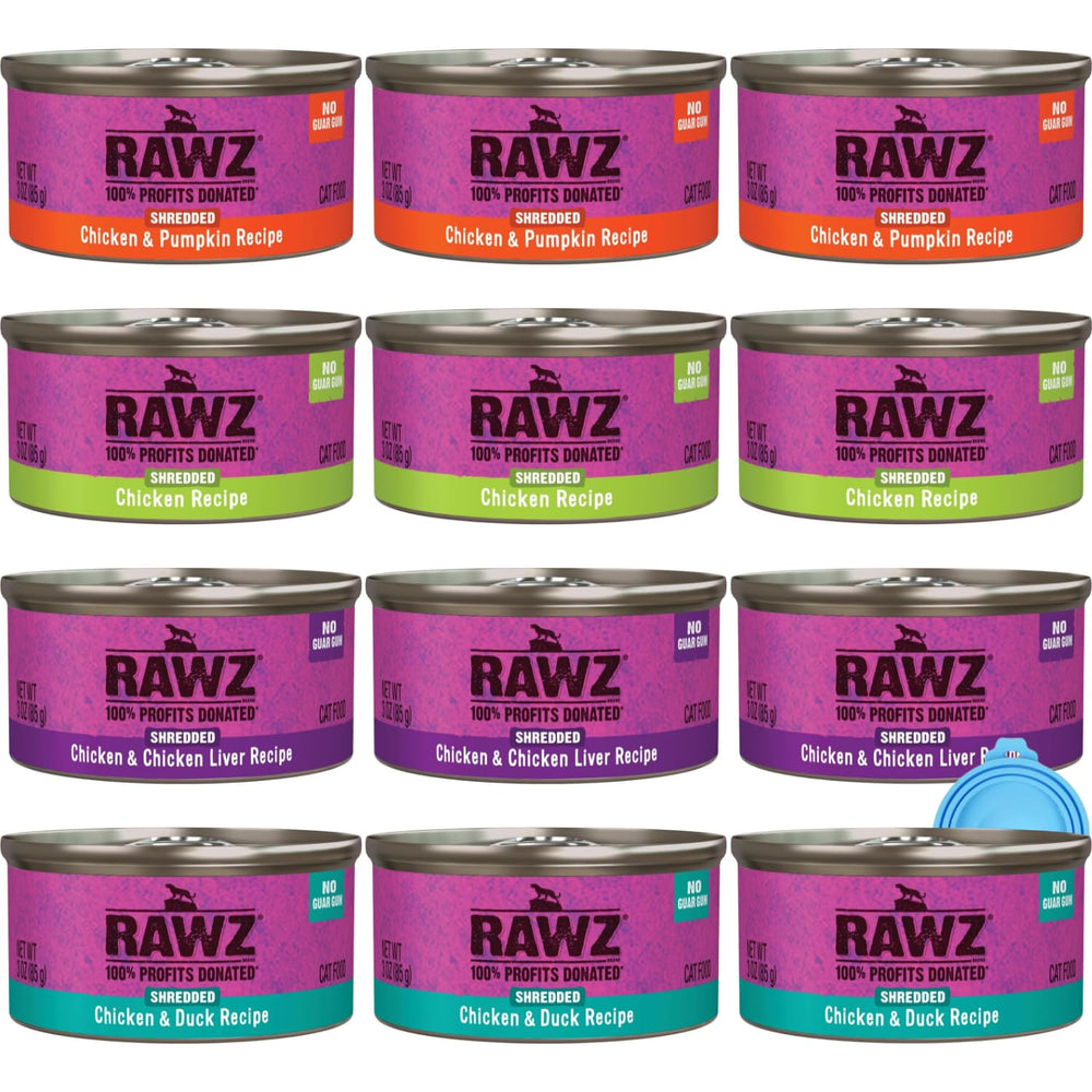 Rawz shredded chicken-duck cat food in a 3oz can, with nutrient-rich broth.