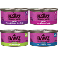Rawz chicken-liver shredded wet cat food in a 3oz can for variety