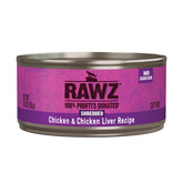 Rawz chicken shredded cat food can front showing real meat first ingredient.