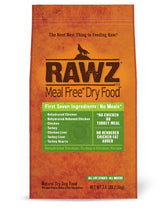 Rawz Meal Free dry dog food bag showing chicken and turkey protein for digestibility