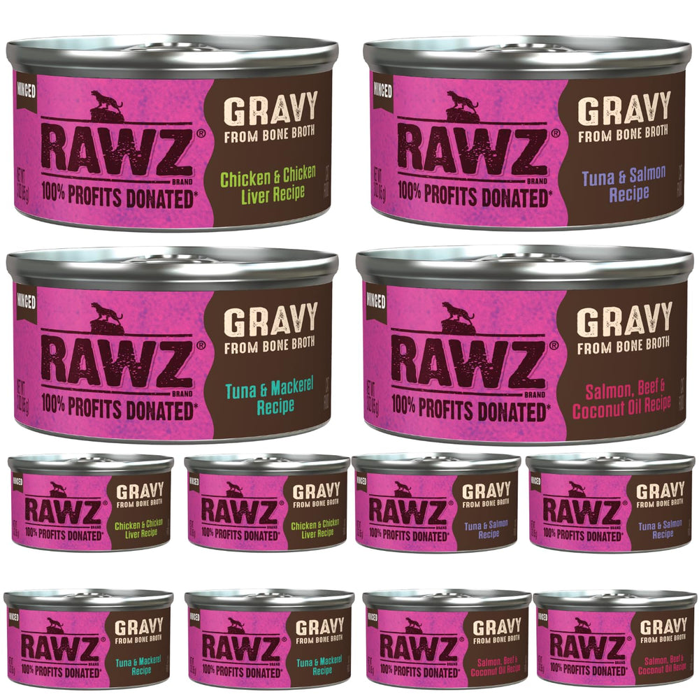 RAWZ natural premium minced cat food in gravy front can image demonstrates convenient, balanced meals