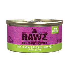 RAWZ Natural Premium Pate cat food can front highlighting real chicken as first ingredient for nutrition