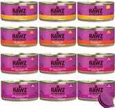 Rawz 12-pack variety of cat food cans shown from the front.