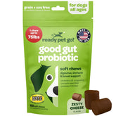 Ready Pet Go probiotic chews for dogs bottle pour promotes easy daily digestion support.