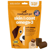 Ready Pet Go! Skin and Coat omega-3 krill bottle highlights nourishing ingredients for healthy skin.