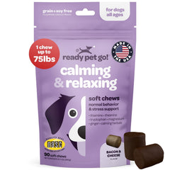 Ready Pet Go Calming Chews bottle front β premium, US-made calm support for stressed dogs.