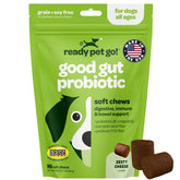 Ready Pet Go! probiotic chews jar front for tasty dog treats supporting digestive comfort