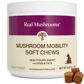 Real Mushrooms Mobility Chews packaging bottle supports easy daily routines for pets.