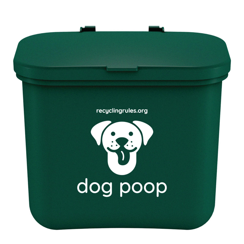 Recycling Rules green hanging wastebasket holding 7-14 dog poop bags for easy disposal.