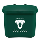 Recycling Rules green hanging wastebasket holding 7-14 dog poop bags for easy disposal.