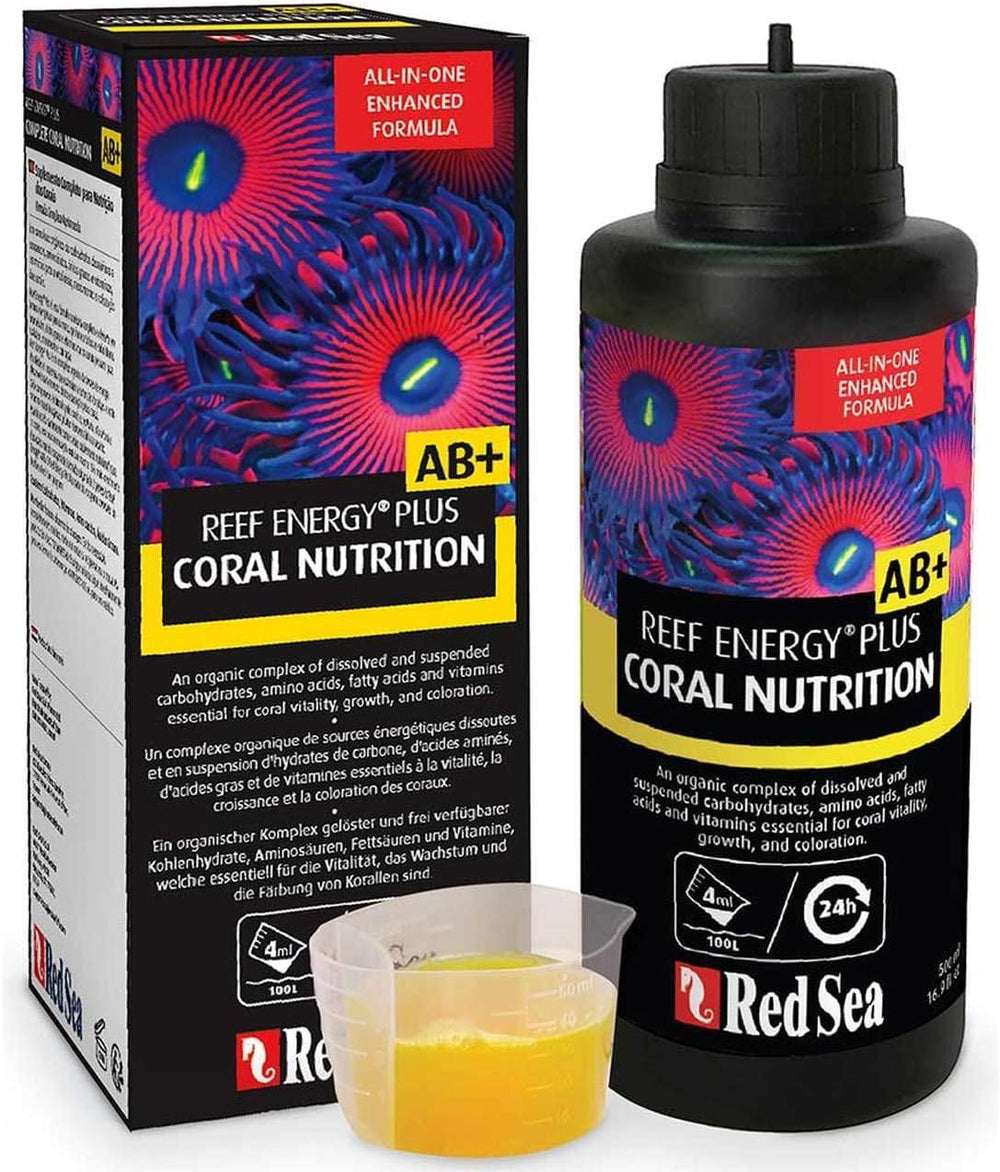 Red Sea Reef Energy Plus bottle front for easy coral feeding in reef tanks.