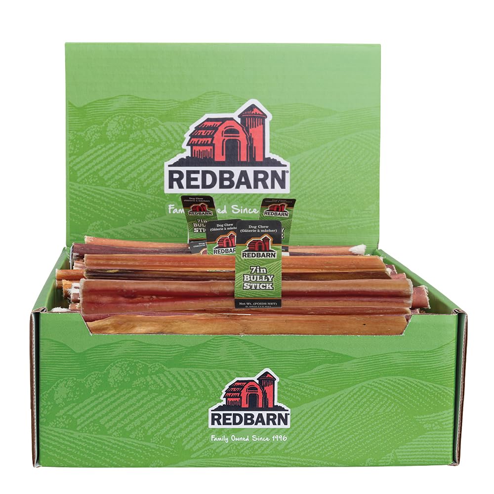 Redbarn 7-inch bully sticks case of 35 for long indoor chewing.