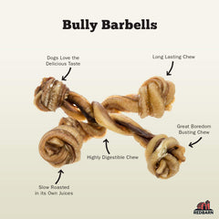 Dog happily chews Redbarn Bully Barbells, showcasing a focused, boredom-busting treat.