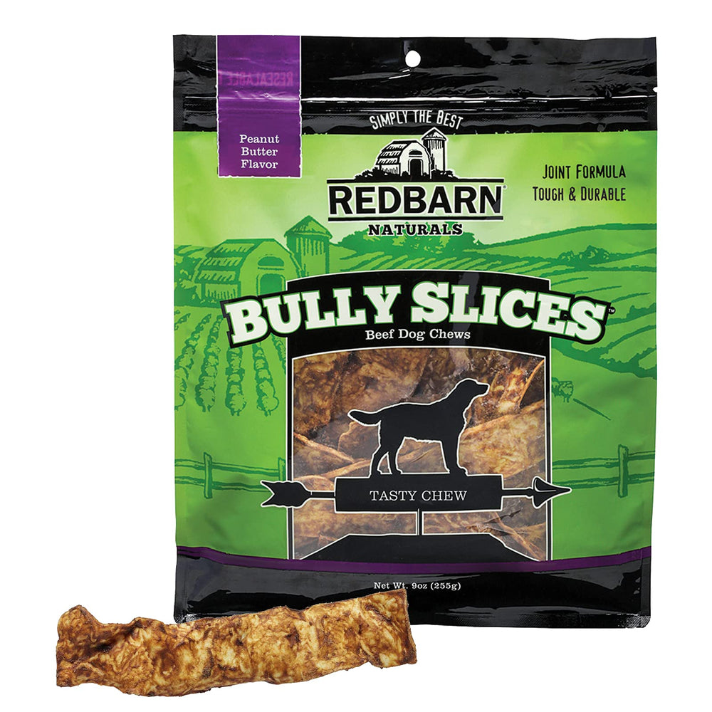 Redbarn Bully Slices in peanut butter flavor, long-lasting dog chew for dental care.