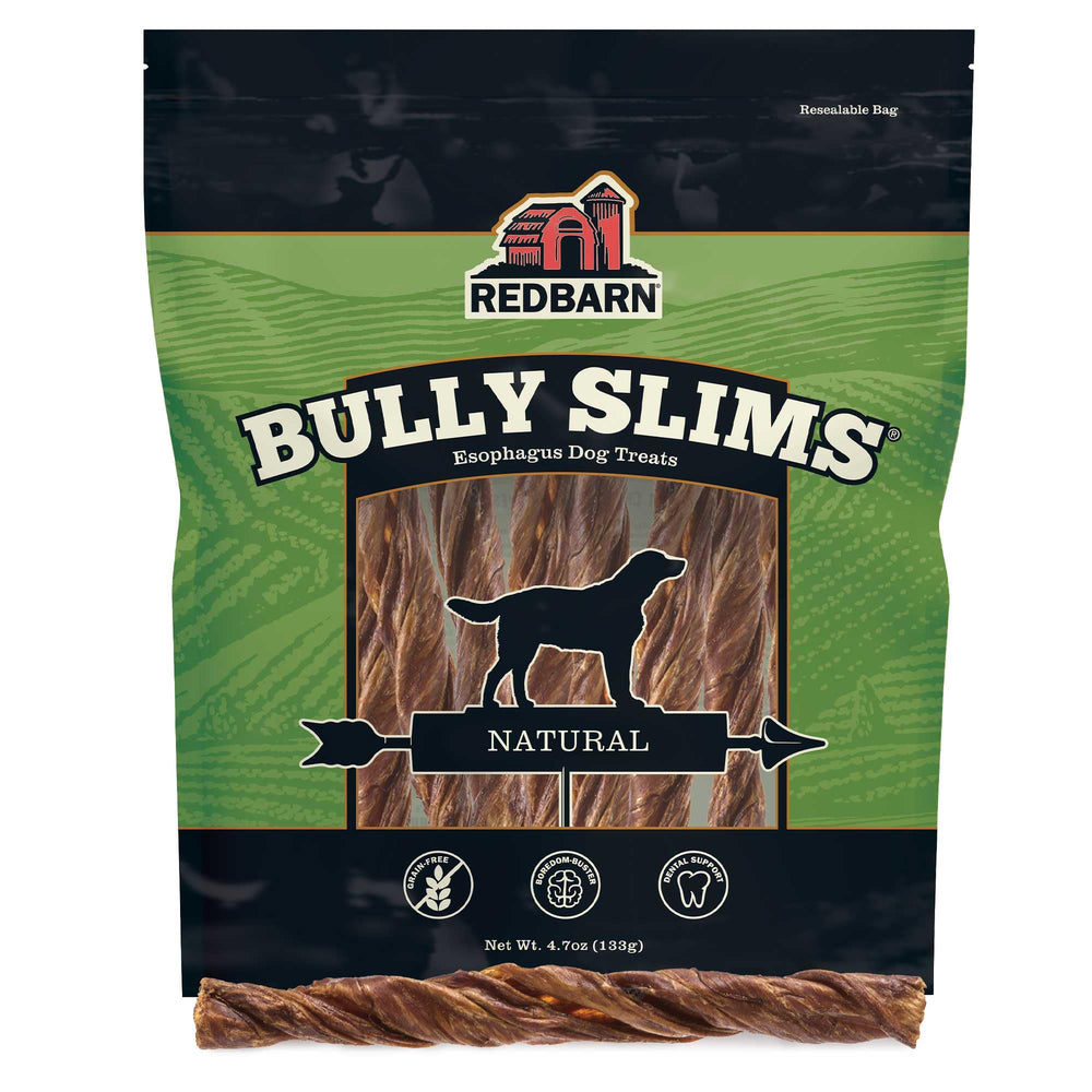 Redbarn Bully Slims beef esophagus bite shows natural protein chew for dogs.