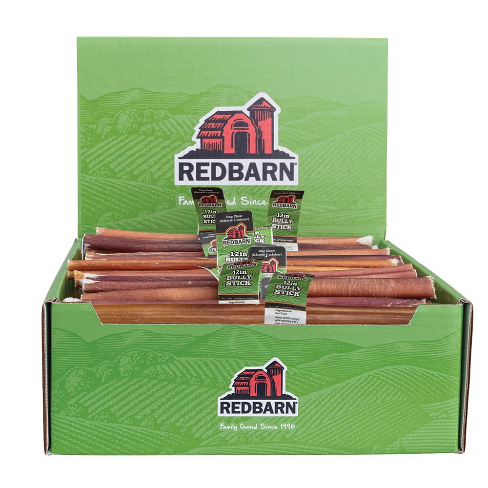 Redbarn bully sticks 12inch for extended chews and canine entertainment.