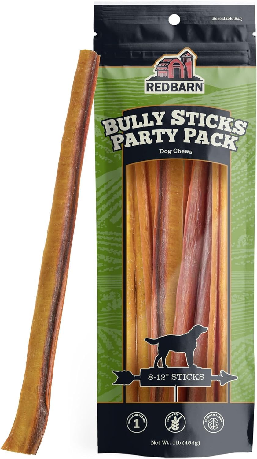 Redbarn bully sticks variety pack 8-12 inch for medium and large dogs, long-lasting beef chews.