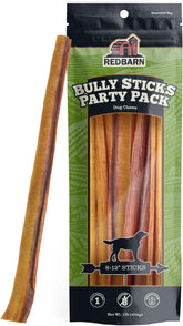 Redbarn bully sticks variety pack 8-12 inch for medium and large dogs, long-lasting beef chews.