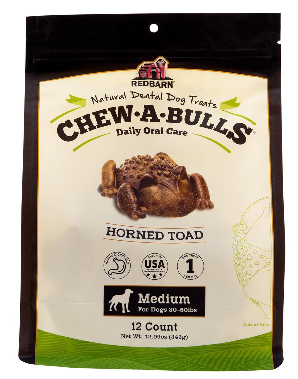 Redbarn Chew-A-Bulls medium toad-shape chew pack promotes daily oral care.