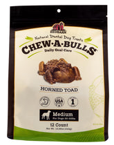 Redbarn Chew-A-Bulls medium toad-shape chew pack promotes daily oral care.