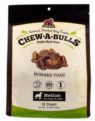 Redbarn Chew-A-Bulls medium toad-shape chew pack promotes daily oral care.