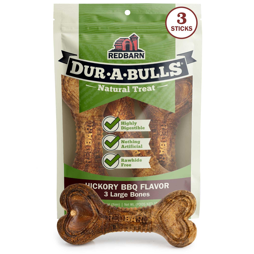 Redbarn Dur-A-Bulls pack with three large hickory bones for a long-lasting chew