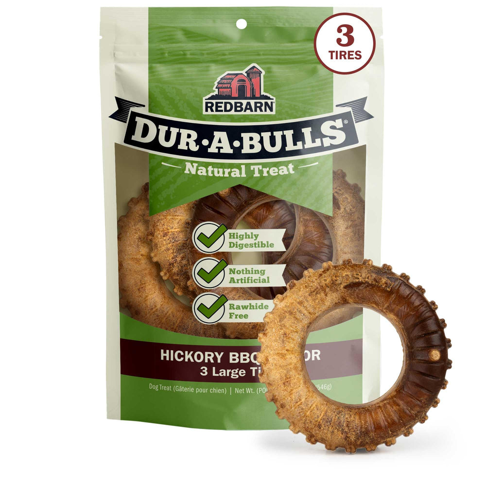 Redbarn Dur-a-Bulls three large tires with hickory flavor for lasting chewing