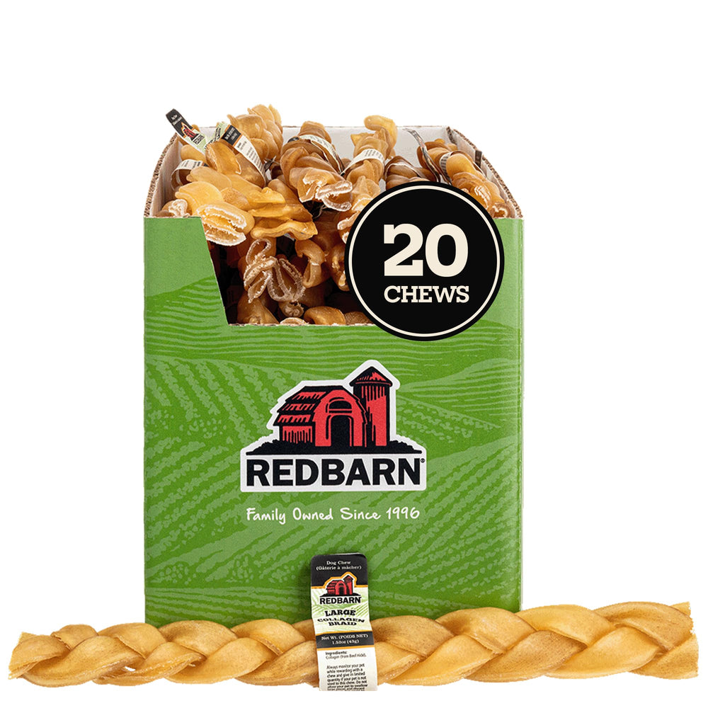 Redbarn Natural collagen braids packaging highlighting single-ingredient beef chew