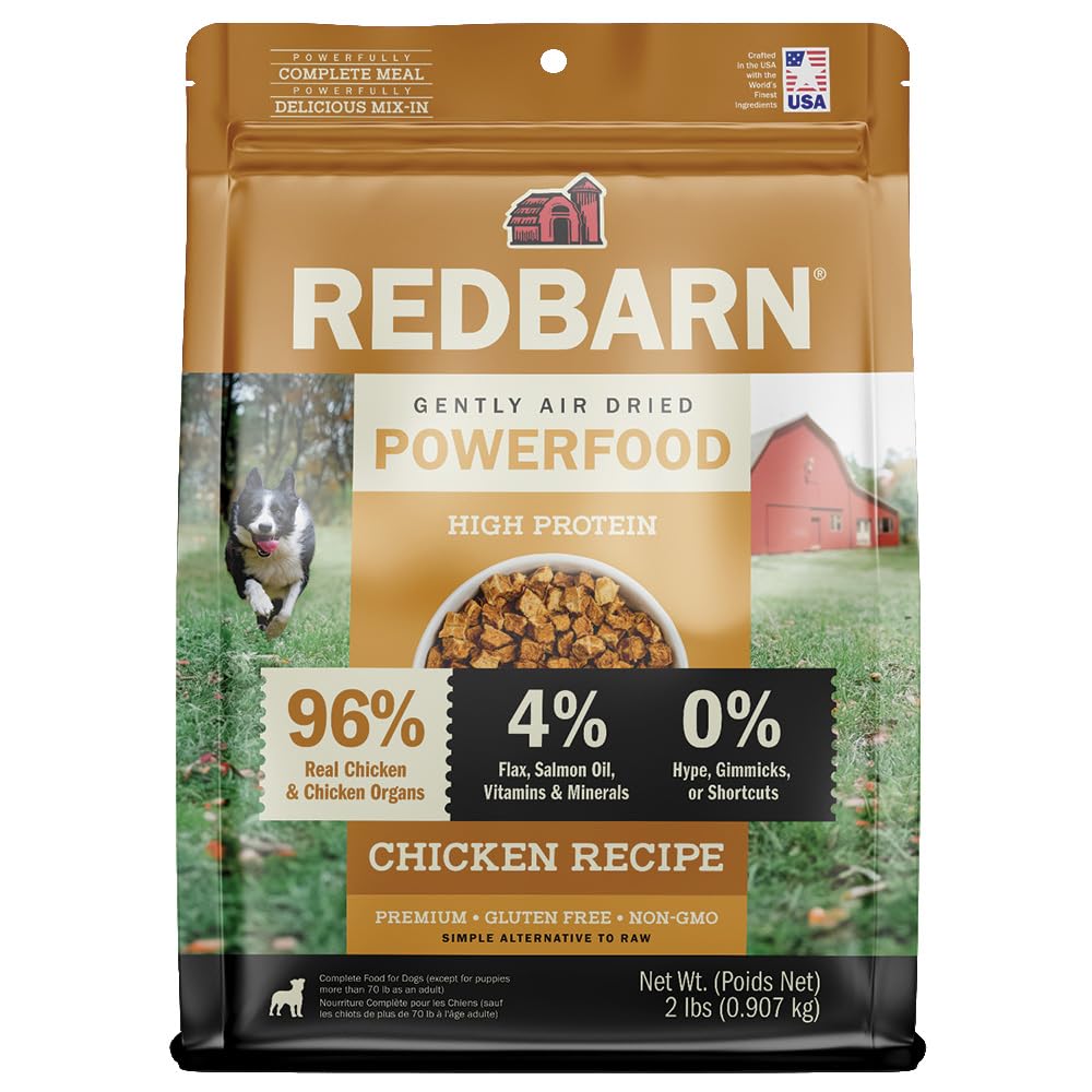 Redbarn Powerfood air-dried dog food with 96% chicken and organs for high-protein nutrition.