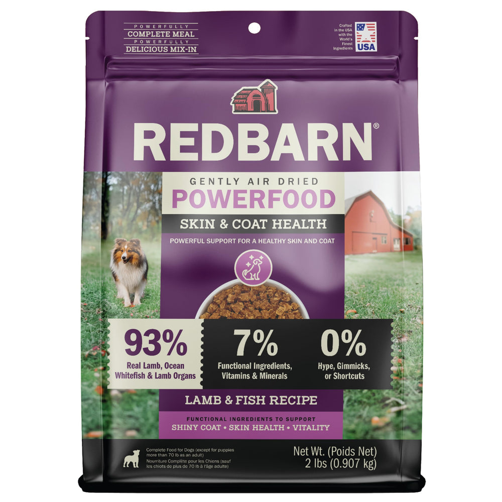 Redbarn Powerfood air-dried dog food bag showing premium lamb and fish formula for adult dogs
