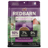 Redbarn Powerfood air-dried dog food bag showing premium lamb and fish formula for adult dogs