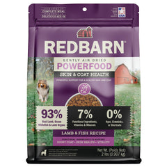 Redbarn Powerfood air-dried dog food bag showing premium lamb and fish formula for adult dogs