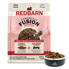 Redbarn Powerfood Fusion bag front highlights premium dry dog food for all life stages