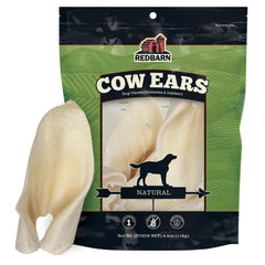 Redbarn Premium Cow Ears 9-count pack shown, a simple ingredient chew for dogs.