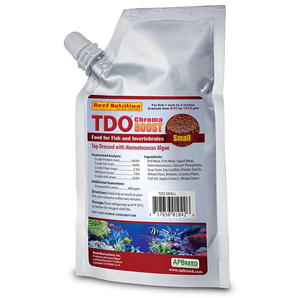 Reed Mariculture TDO Chroma Boost pellet enriching small reef fish color in aquariums