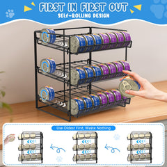 Reflying cat food can organizer in use in kitchen for easy access.