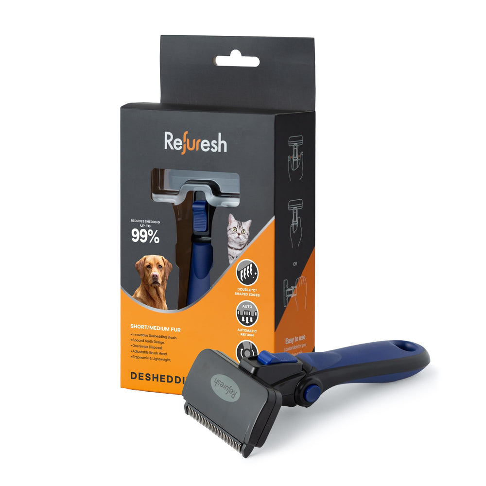 Refuresh deshedding brush front view with blue handle showing compact design and grip.