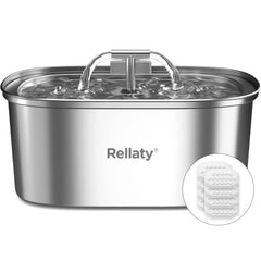 Rellaty cat water fountain 108oz capacity, side view showing ample hydration for pets