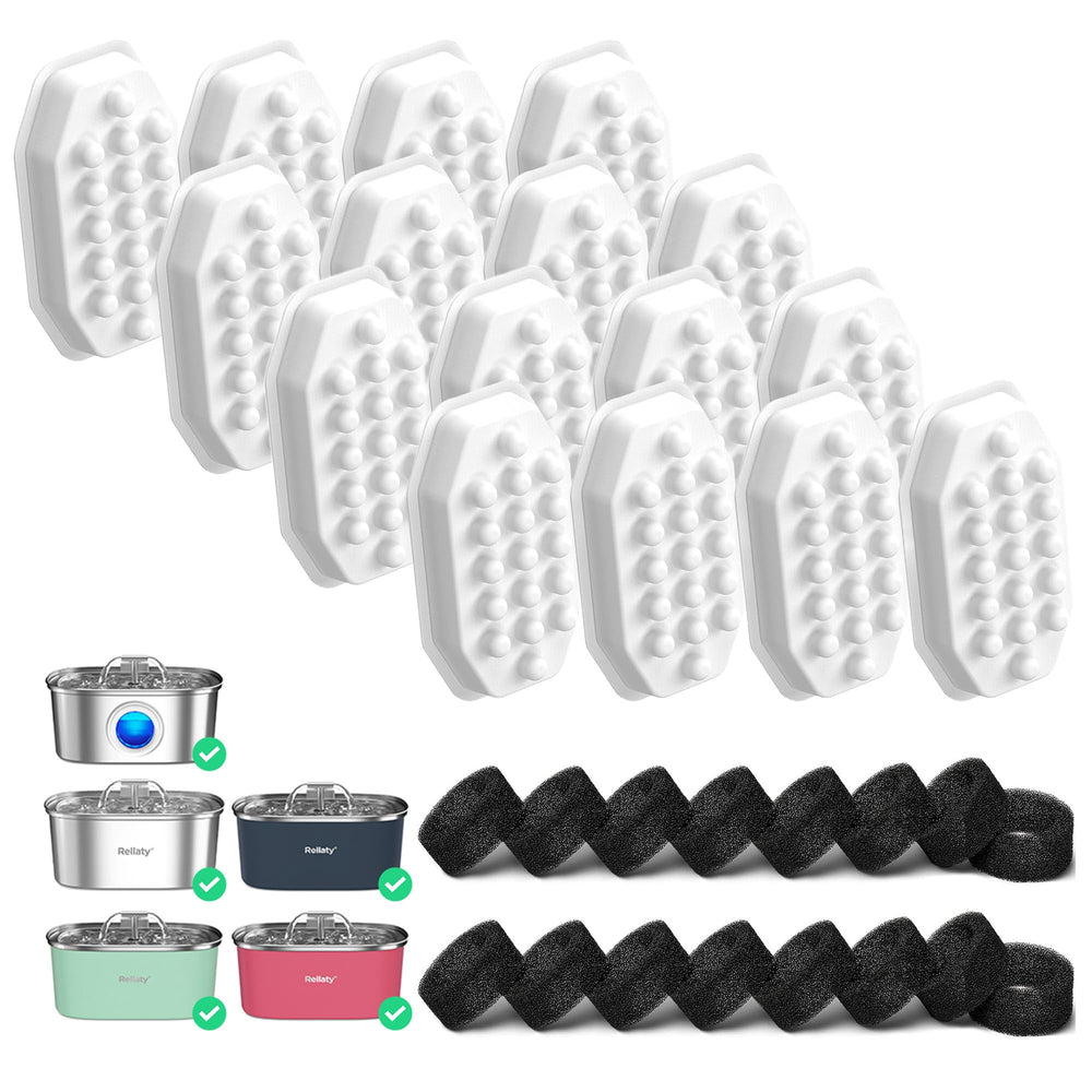 Rellaty cat fountain filters 16-pack laid out for 108oz fountain, promoting fresher water