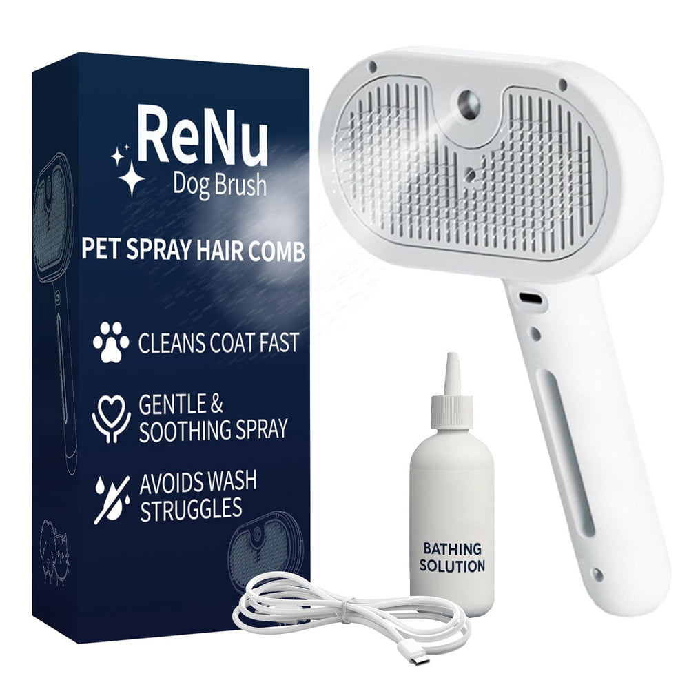 ReNu Dog Brush 3in1 spray self-cleaning in action reduces static and hair mess.