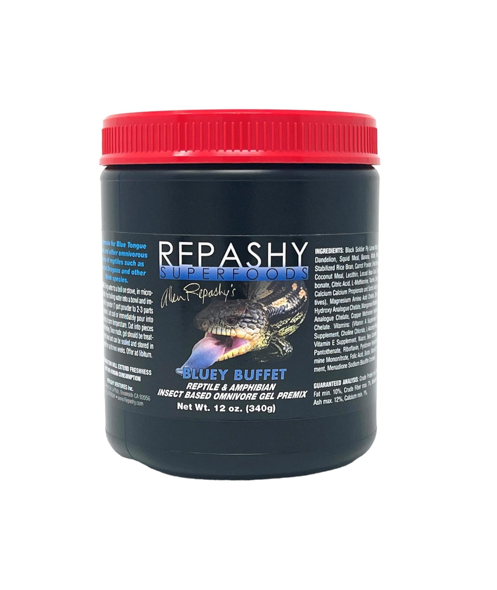 Repashy Bluey Buffet jar for omnivorous reptiles, highlighting balanced nutrition.