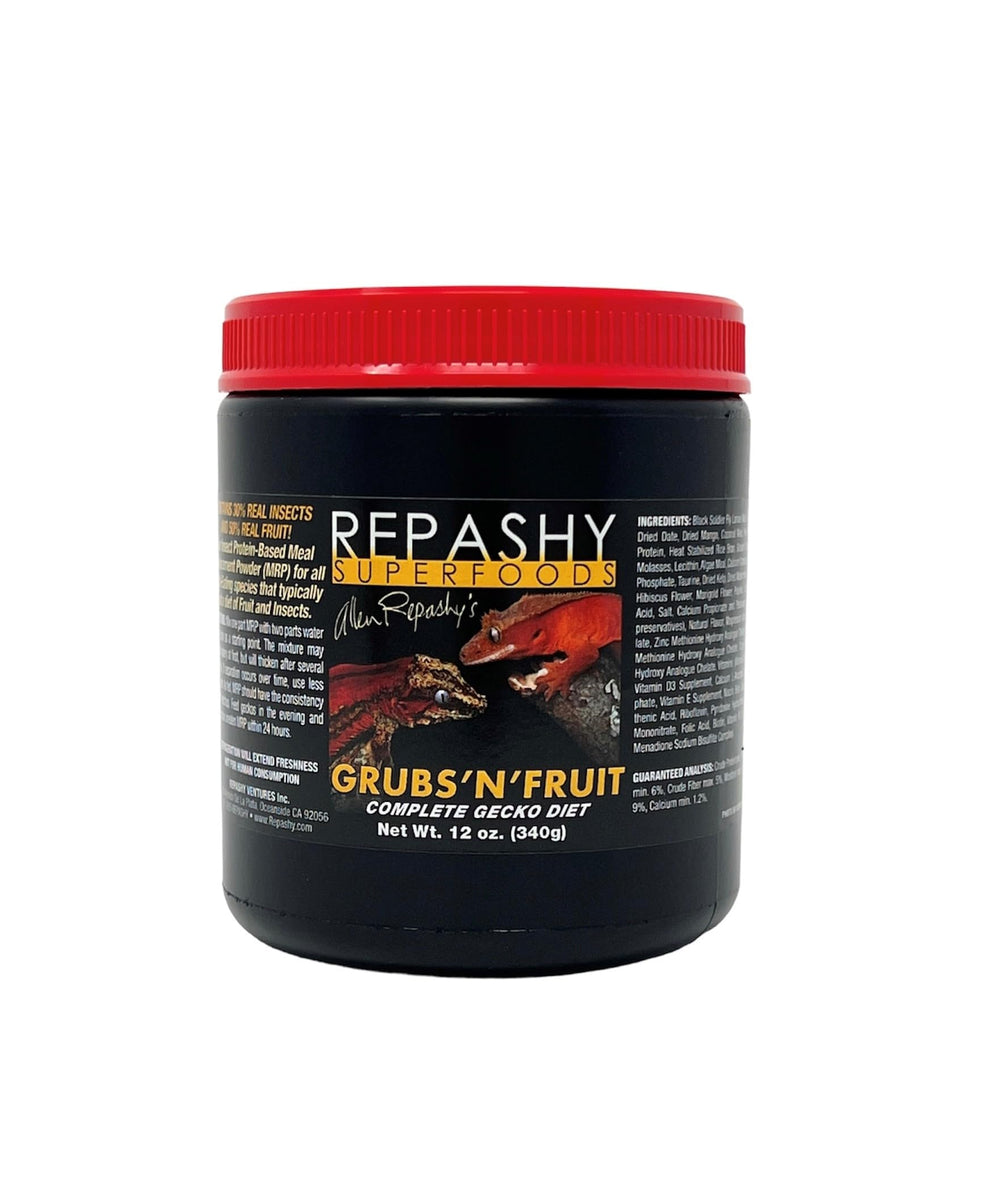 Repashy Grubs 'N' Fruit Crested Gecko Diet jar for fruit-eating geckos; balanced nutrition.